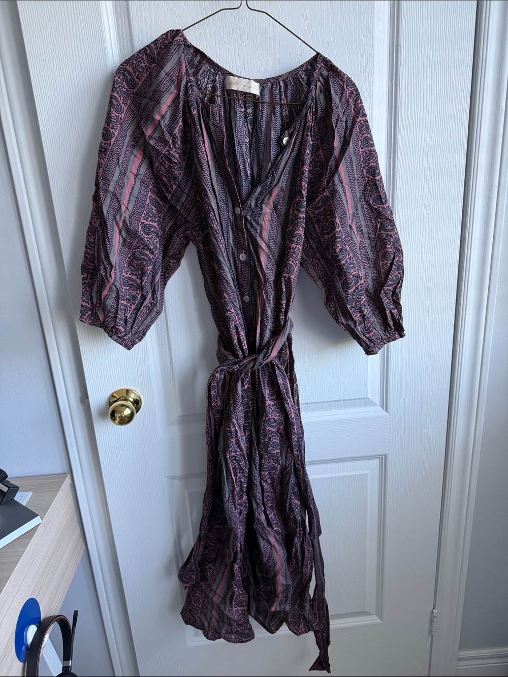 Natalie Martin Plum and Pink Paisley Tie-Waist Midi Dress